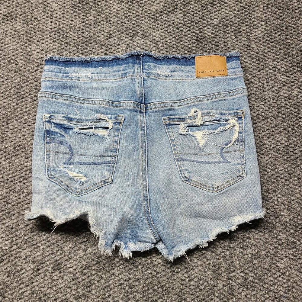 American Eagle Hi Rise Shortie Jean Shorts Light Wash‎ Distressed Size 0 Stretch